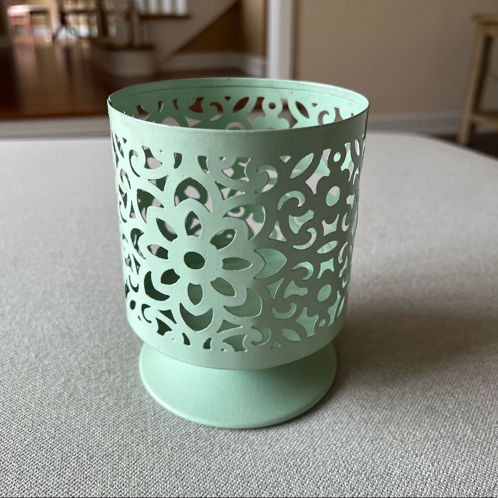 Teal Floral Design Metal Candle Jar Holder